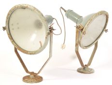 FALKS LTD INDUSTRIAL 1950'S TWO TONE ENAMEL SPOT LIGHTS ON STANDS