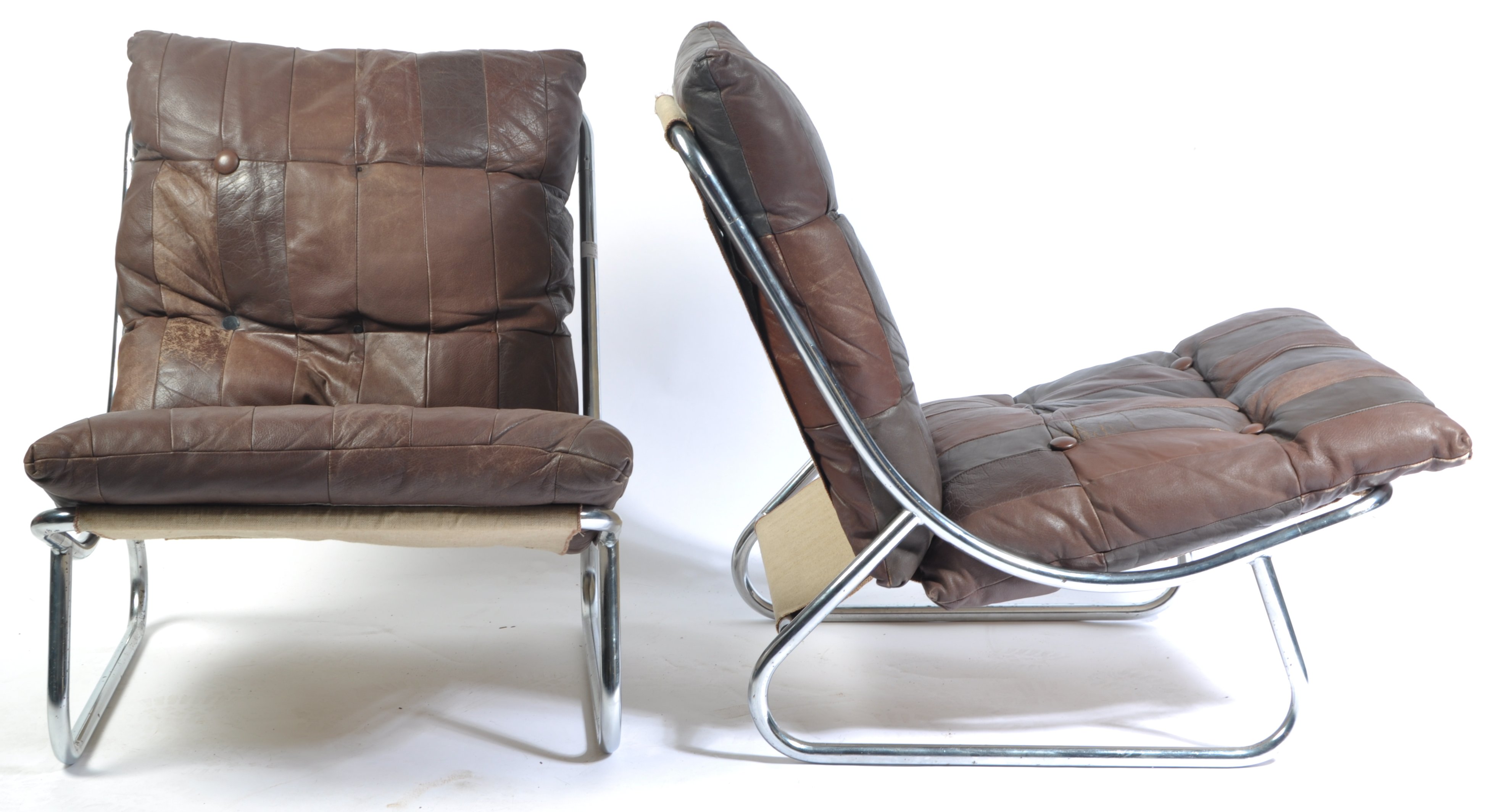 PAIR OF 1970'S CHROME SLING / LOUNGE CHAIRS WITH PATCHWORK LEATHER - Image 3 of 4