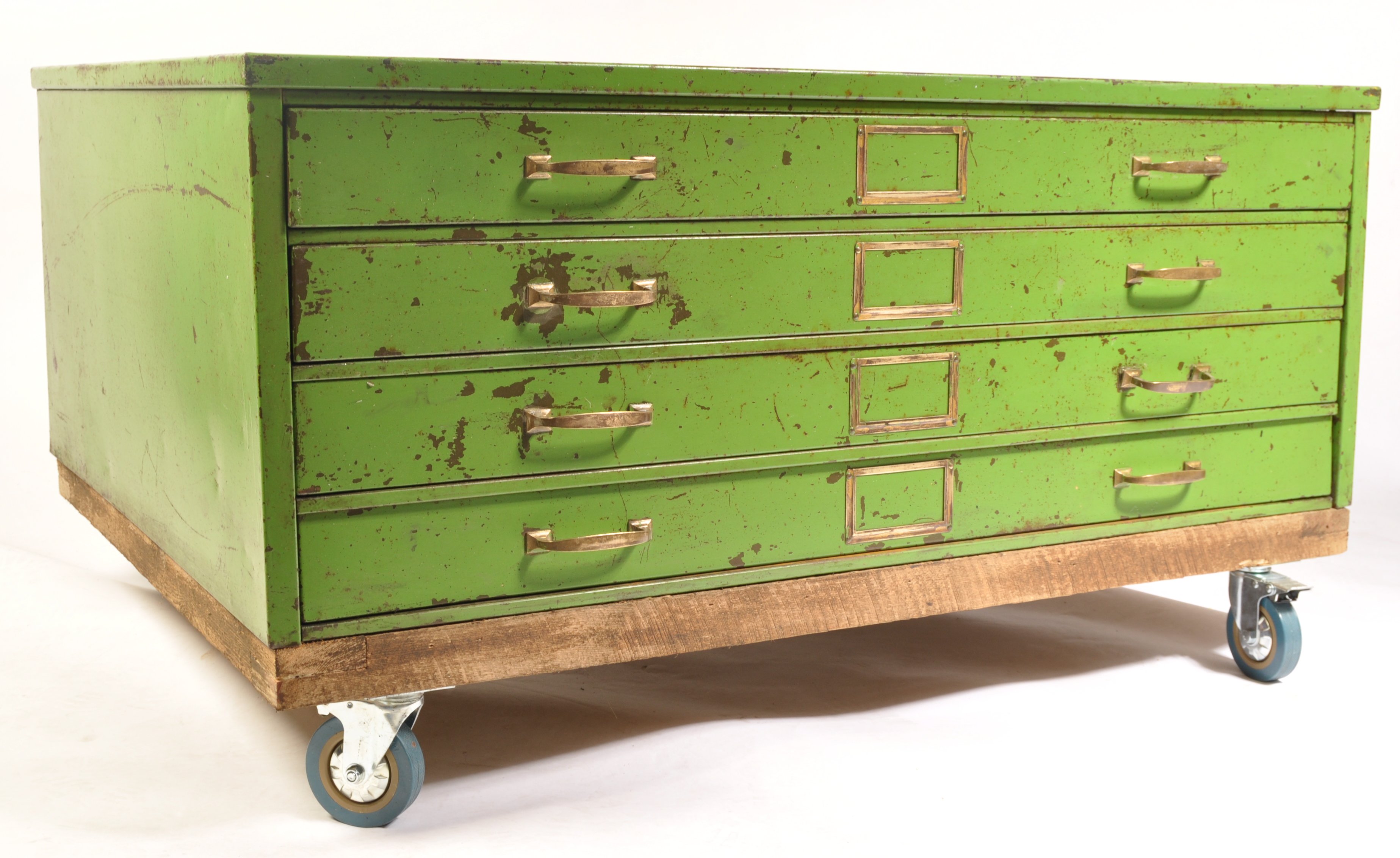 INDUSTRIAL VINTAGE STEEL PLAN CHEST WITH BRASS INDEX HOLDERS