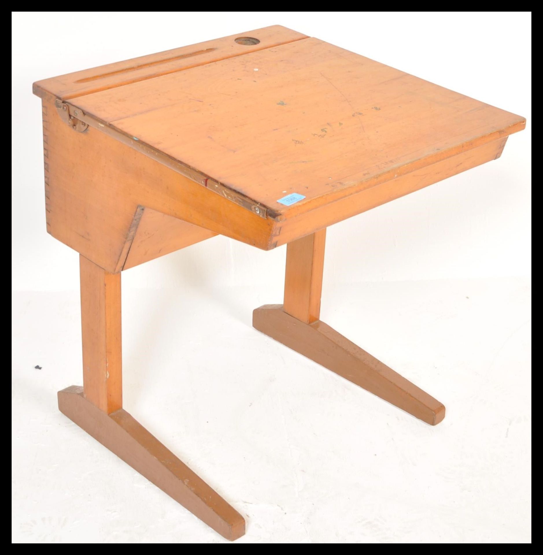 A late Victorian beech wood childs school desk being raised on shaped leg supports with sloped - Bild 2 aus 5