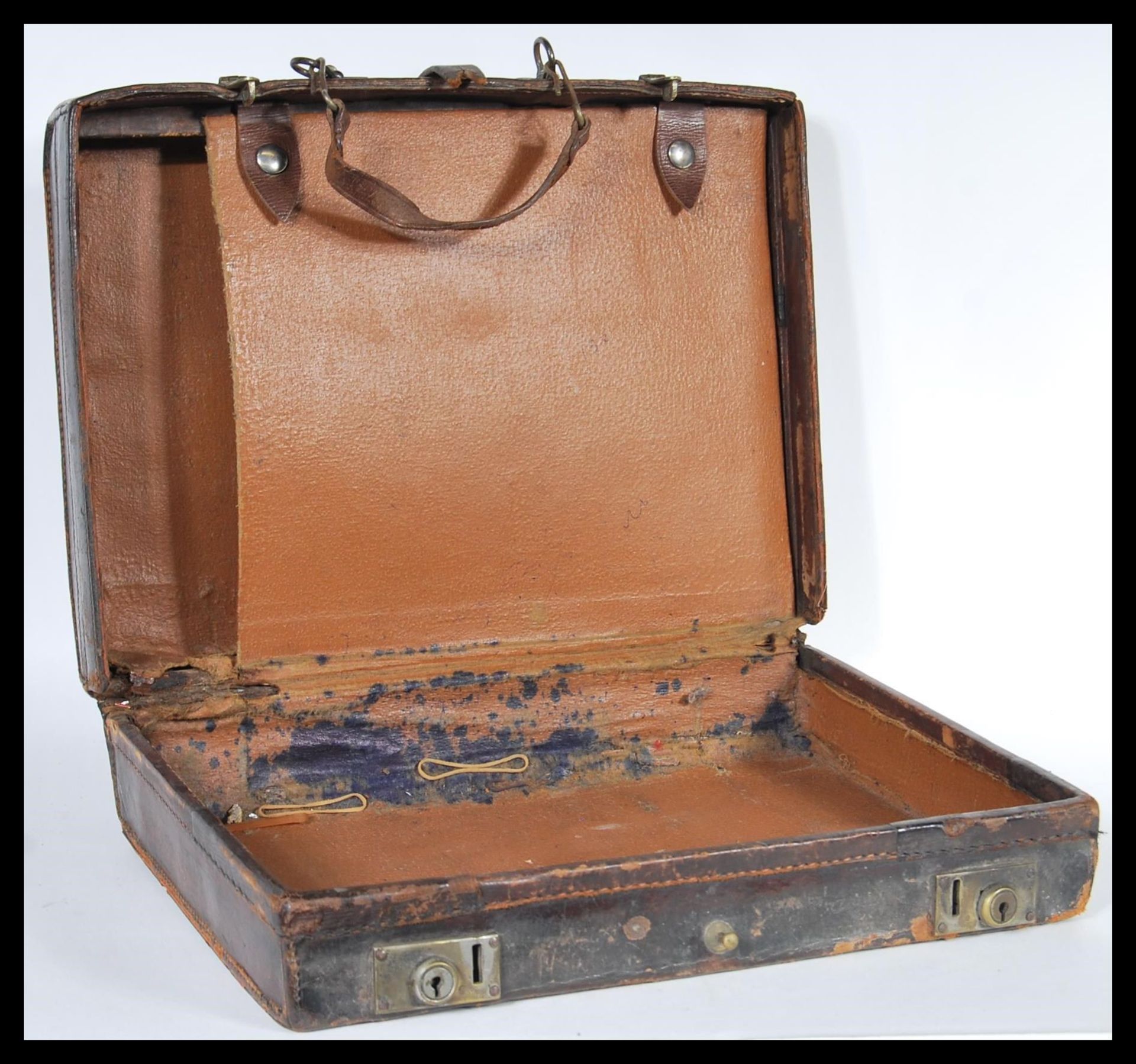 A vintage 20th Century leather attache / briefcase, Carry handle atop with brass locks to the front, - Image 4 of 4