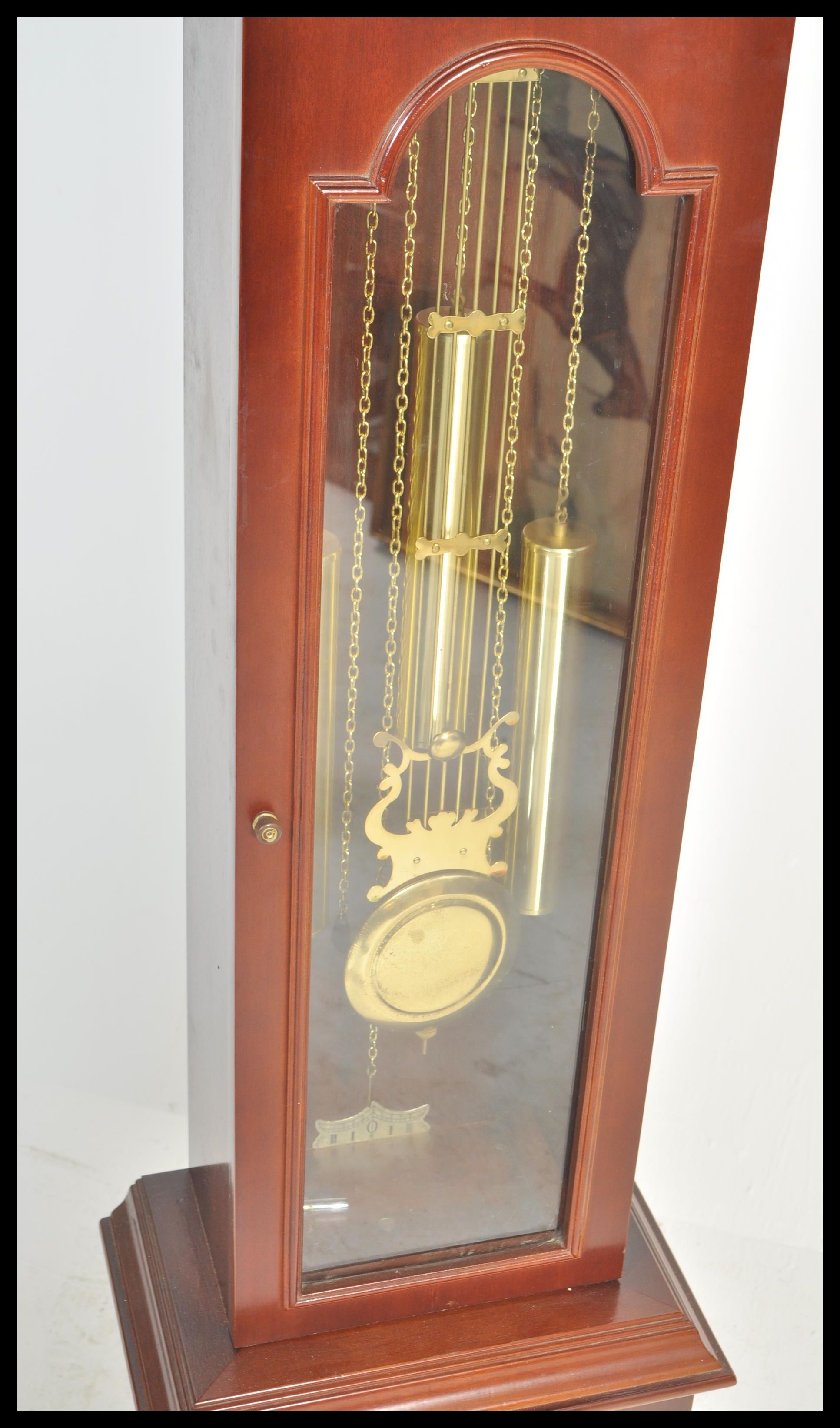 A contemporary 20th Century reproduction mahogany long case clock, stepped arch hood, gilt dial with - Image 4 of 5