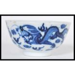 A late 18th / early 19th Century Chinese hand painted porcelain bowl having blue and white