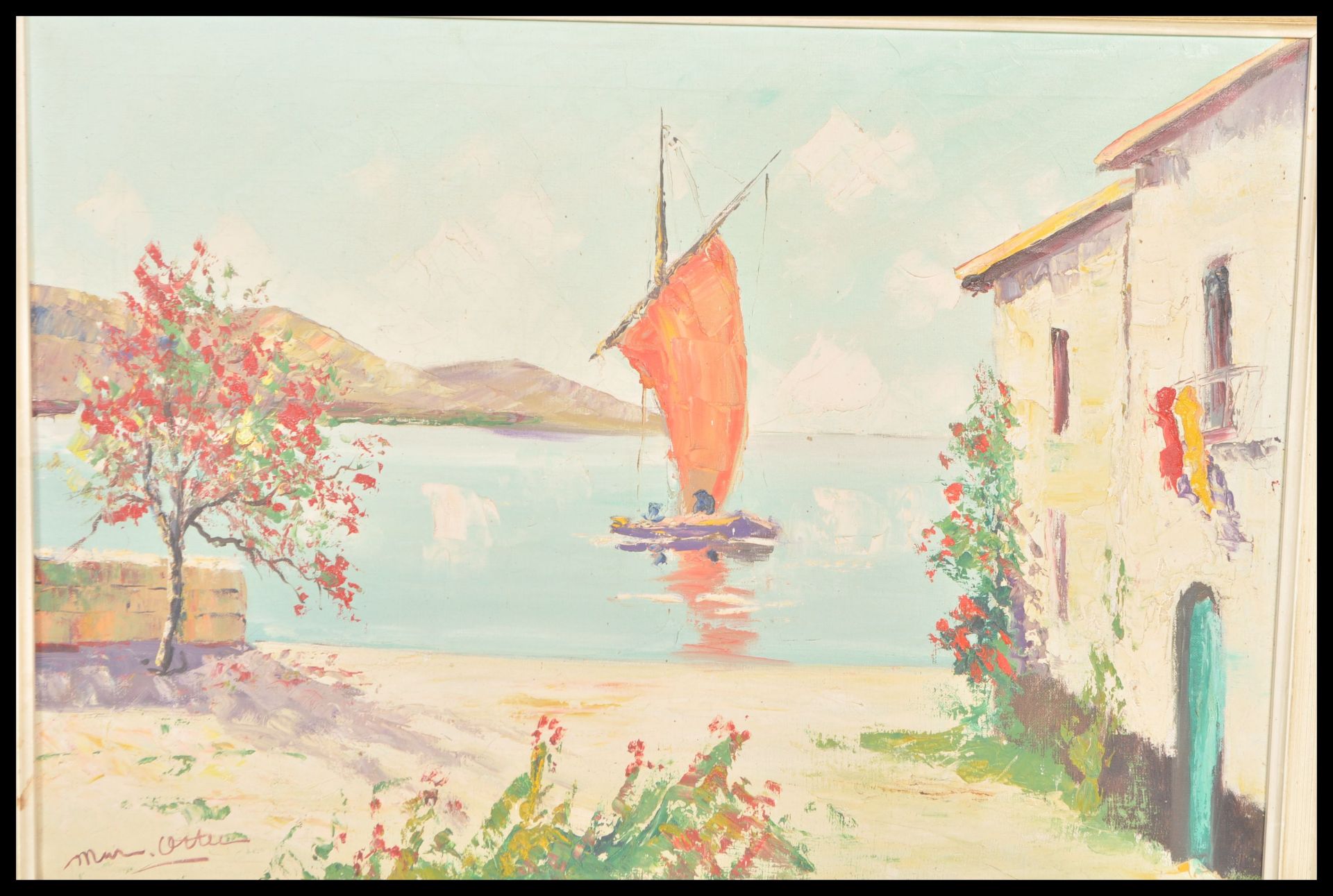 A 20th Century oil painting on canvas depicting a mediterranean scene of a boat sailing in front - Bild 2 aus 6