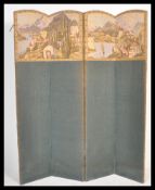 A 19th Century Victorian four fold discretionary screen having tapestry decoration to the top