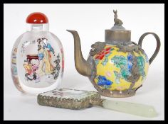 A group of 20th Century Chinese items to include a jade handled hand mirror with porcelain plaque