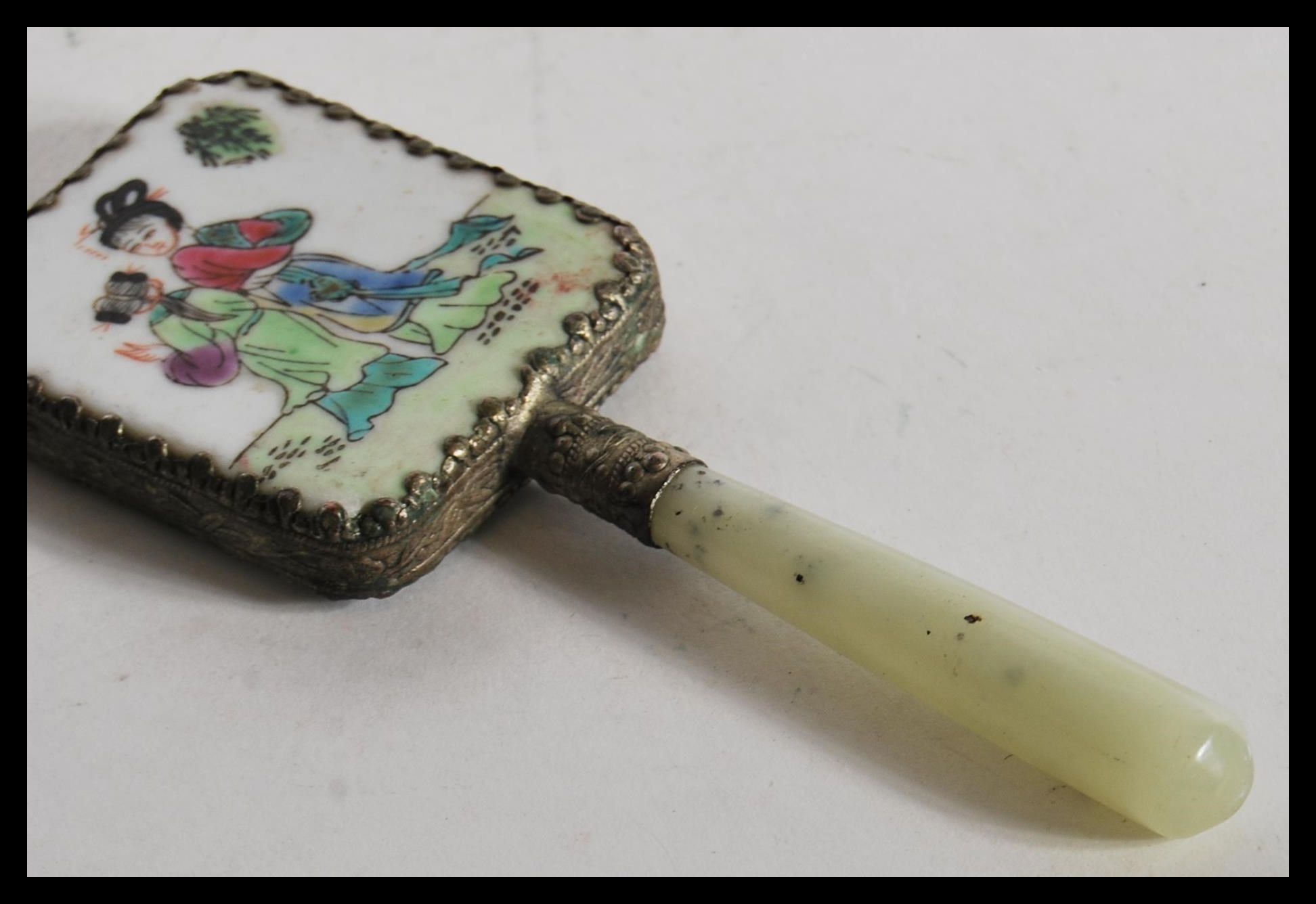 A group of 20th Century Chinese items to include a jade handled hand mirror with porcelain plaque - Image 4 of 6