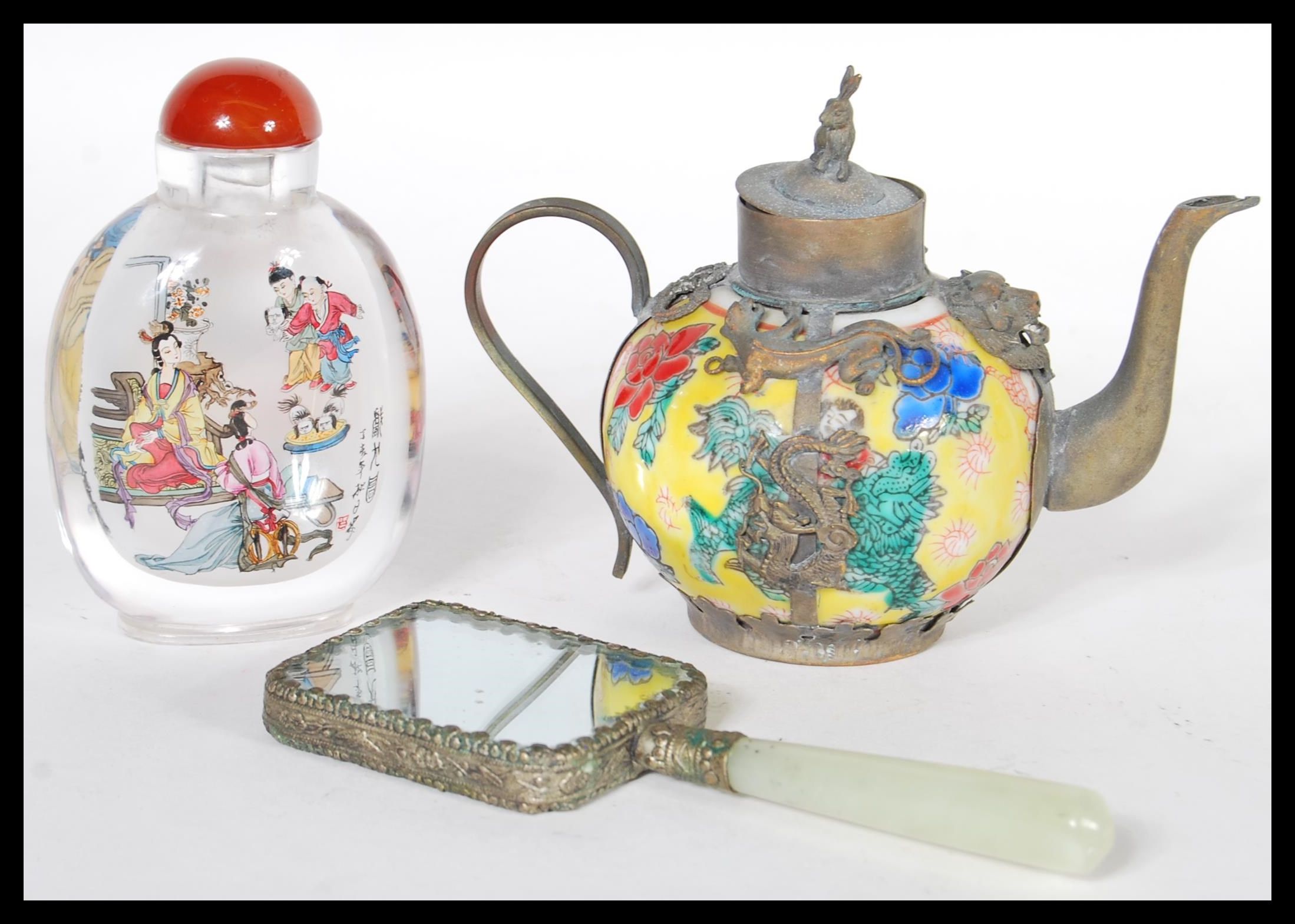 A group of 20th Century Chinese items to include a jade handled hand mirror with porcelain plaque - Image 3 of 6