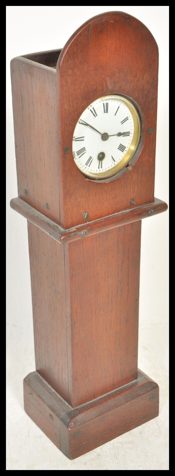 A vintage early 20th Century scratch built oak cased miniature longcase / grandfather clock.  The