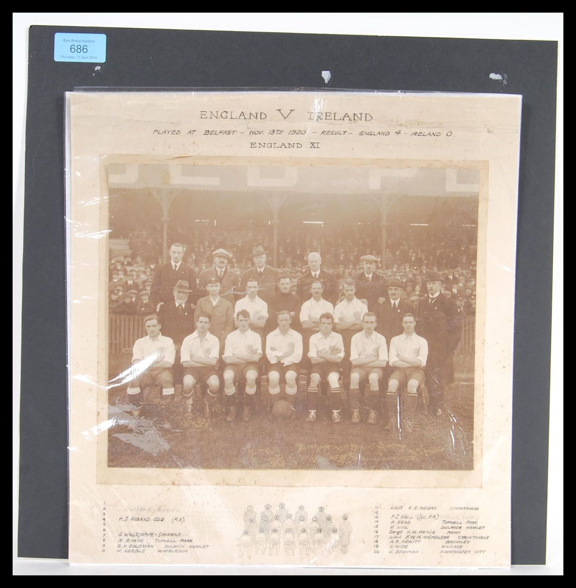 FOOTBALL photograph. 1920 Ireland v England played at Belfast. Large original sepia photo of the