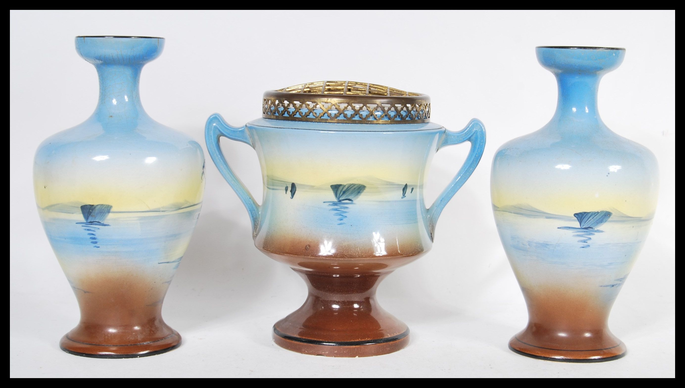 A pair of early 20th Century hand painted garniture vases and matching centerpiece, each piece - Image 2 of 4