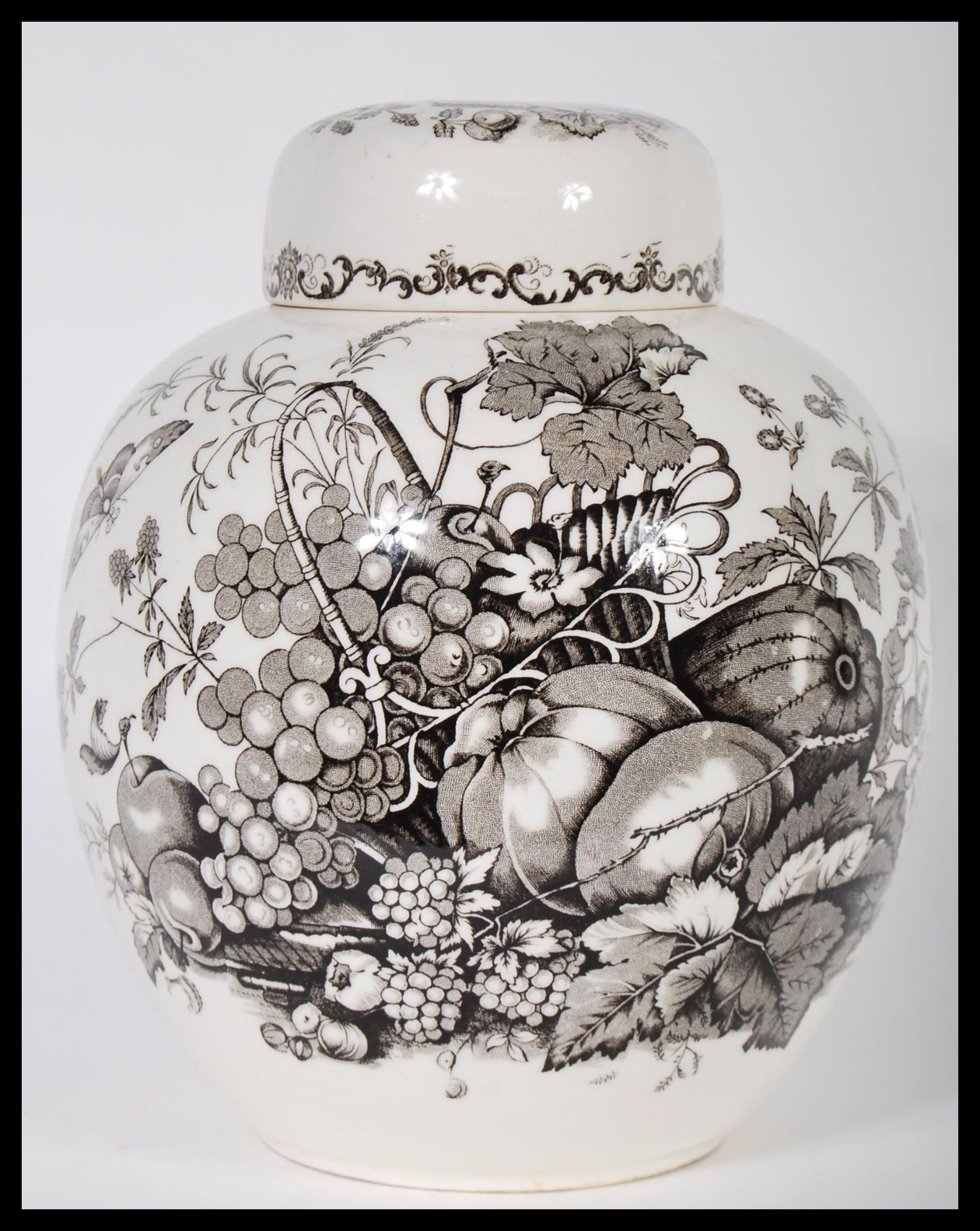 A 19th century Masons Victorian black and white transfer printed lidded ginger jar in the Fruit