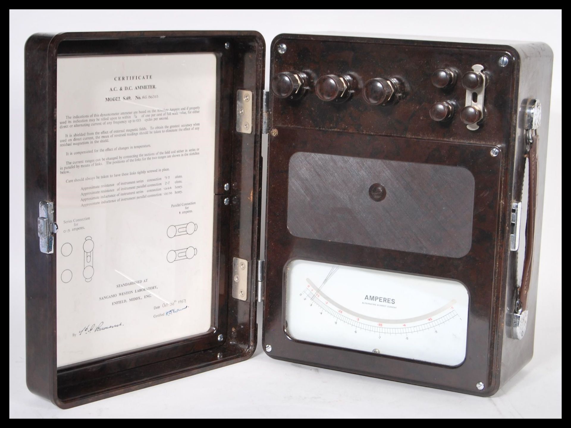 A vintage bakelite 20th Century AC/DC Voltmeter by Sangamo Weston, Enfield, London. Signed