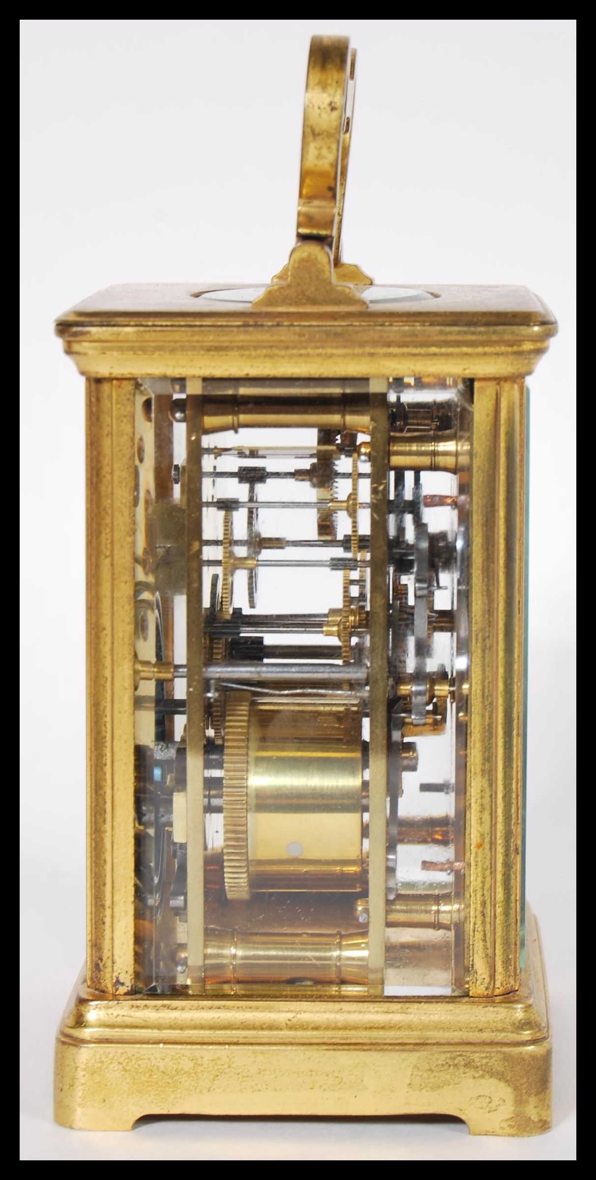 A 19th Century Victorian French gilt brass carriage clock having a white enamel face with Roman - Image 2 of 5