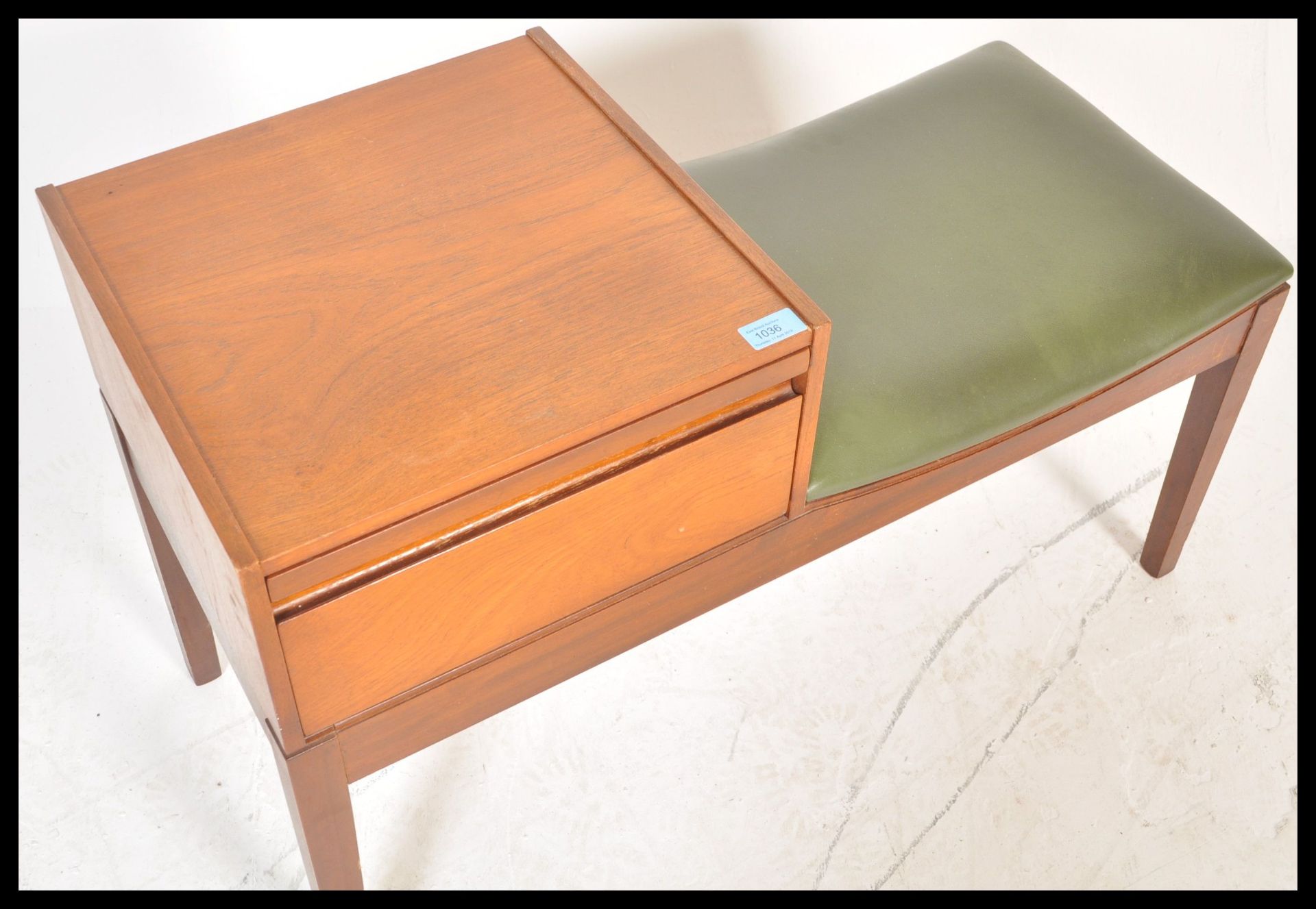 A retro 1970's teak wood telephone table / seat by Mr Chippy, button back seat pad with drawer above - Bild 3 aus 4