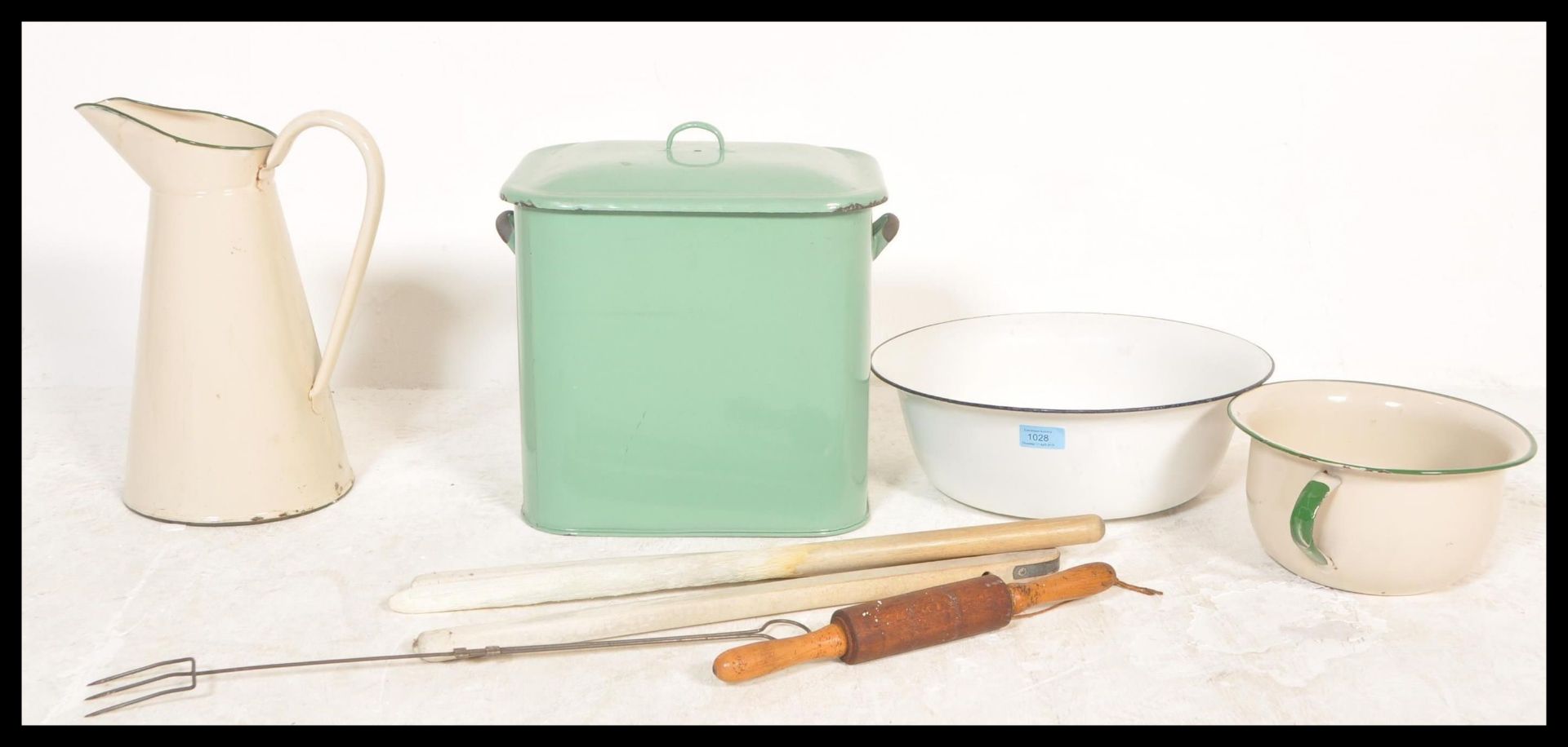 A collection of vintage 20th Century enamel wares to include bread bin, together with wash bowl