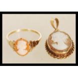 A stamped 9ct gold ring set with a pink and white stone cameo (size P.5) along with a cameo