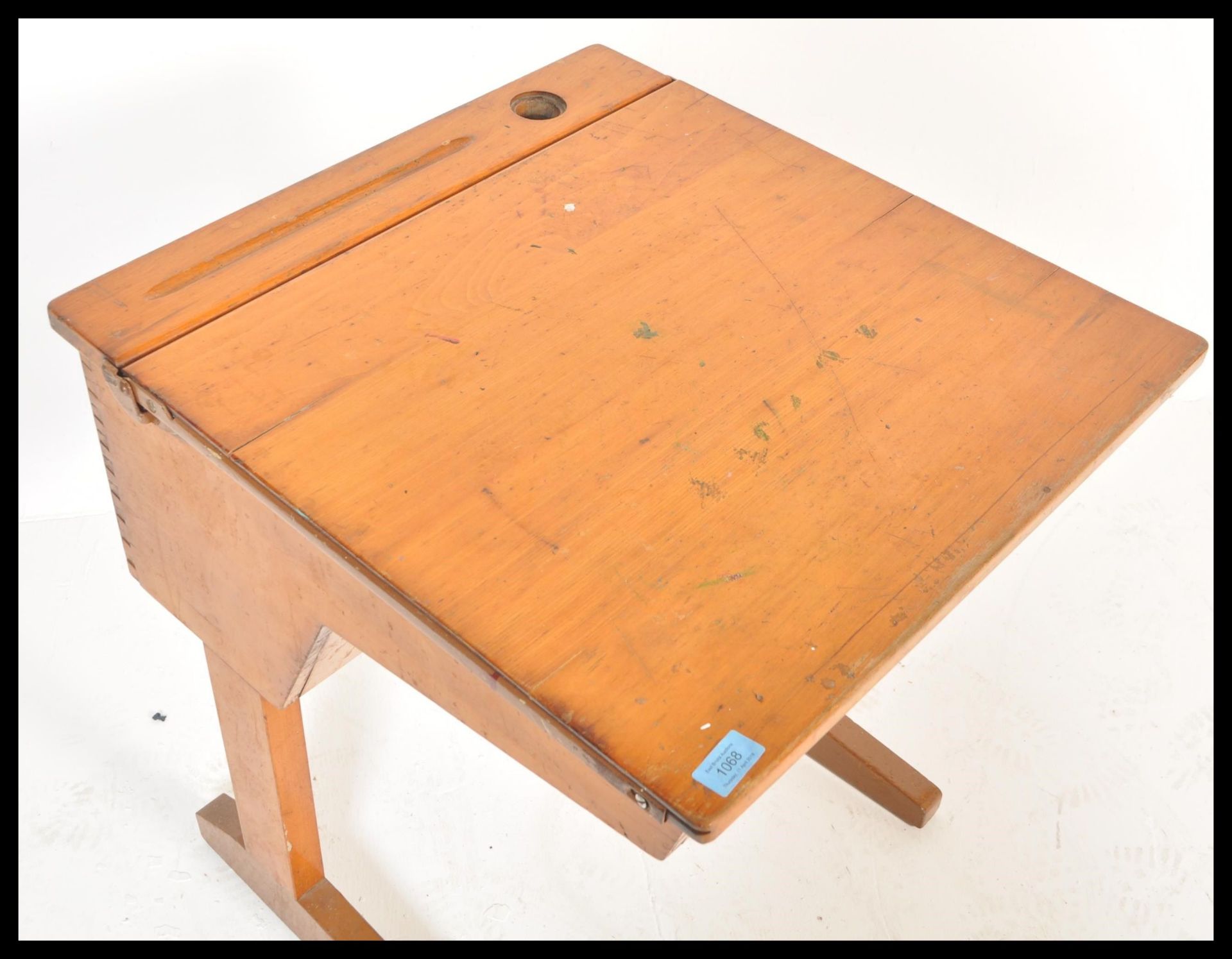 A late Victorian beech wood childs school desk being raised on shaped leg supports with sloped - Bild 4 aus 5