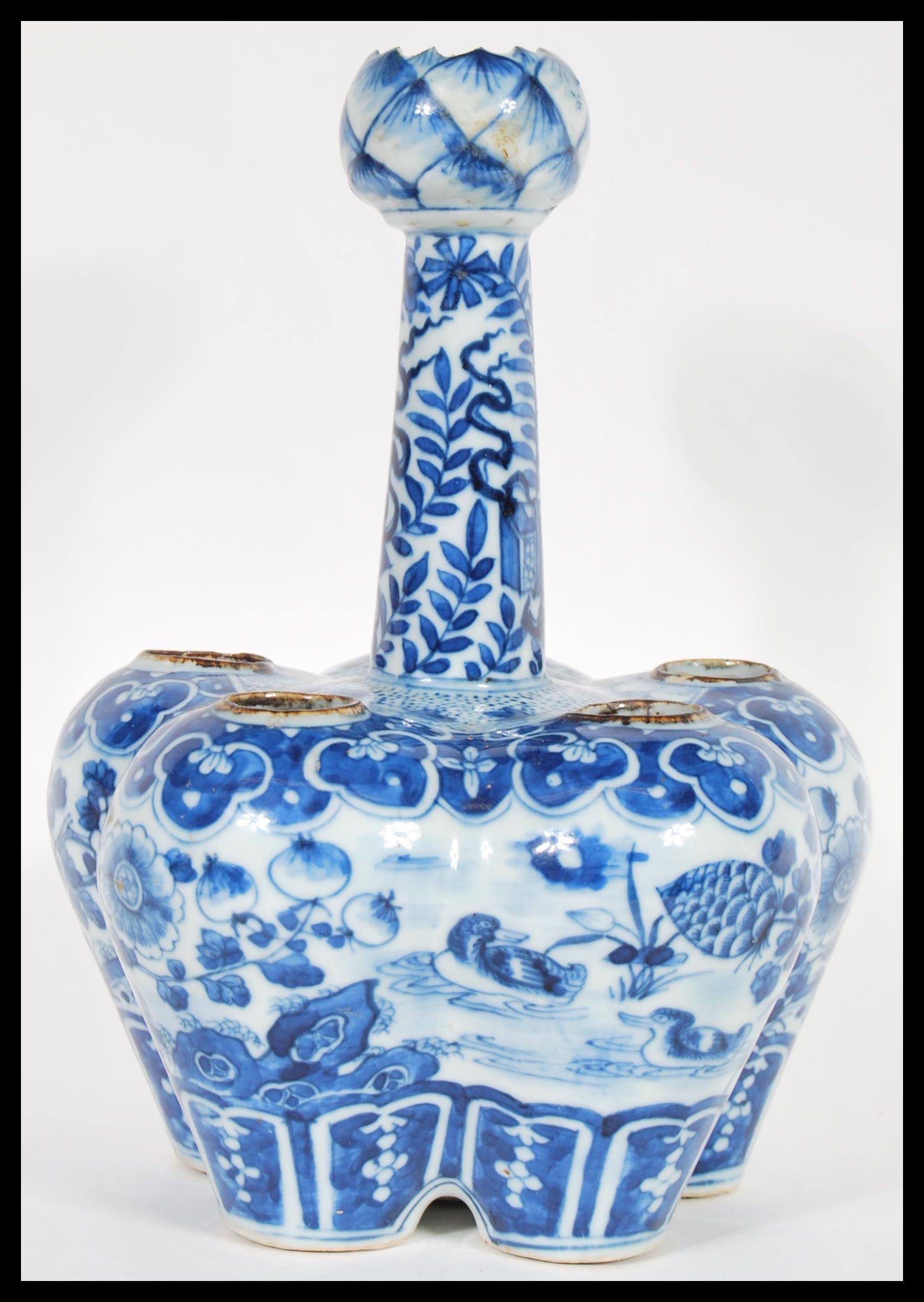 A 19th Century Chinese blue and white hand painted tulip vase the lobbed body detailed with five - Image 2 of 5