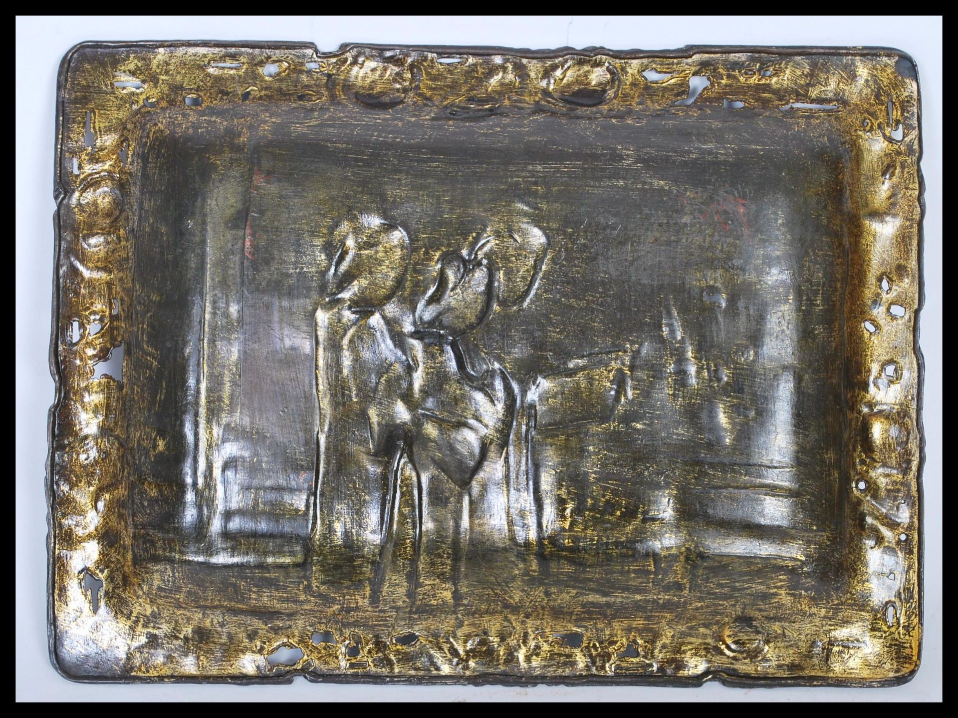 A Japanese bronzed tray, fret pierced border decorated with flowers having a central panel of - Bild 4 aus 4