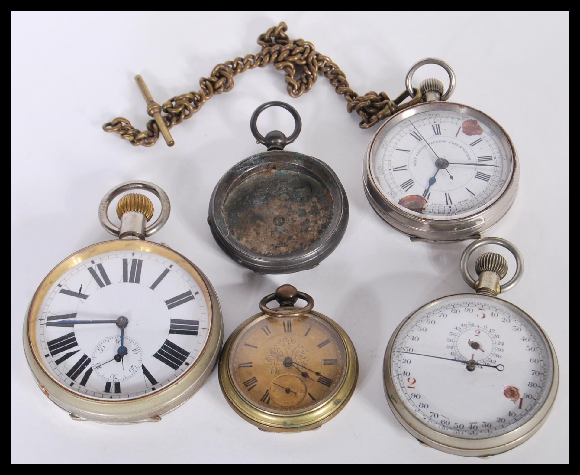 A collection of vintage pocket watches to include a stop watch with a white enamelled face and