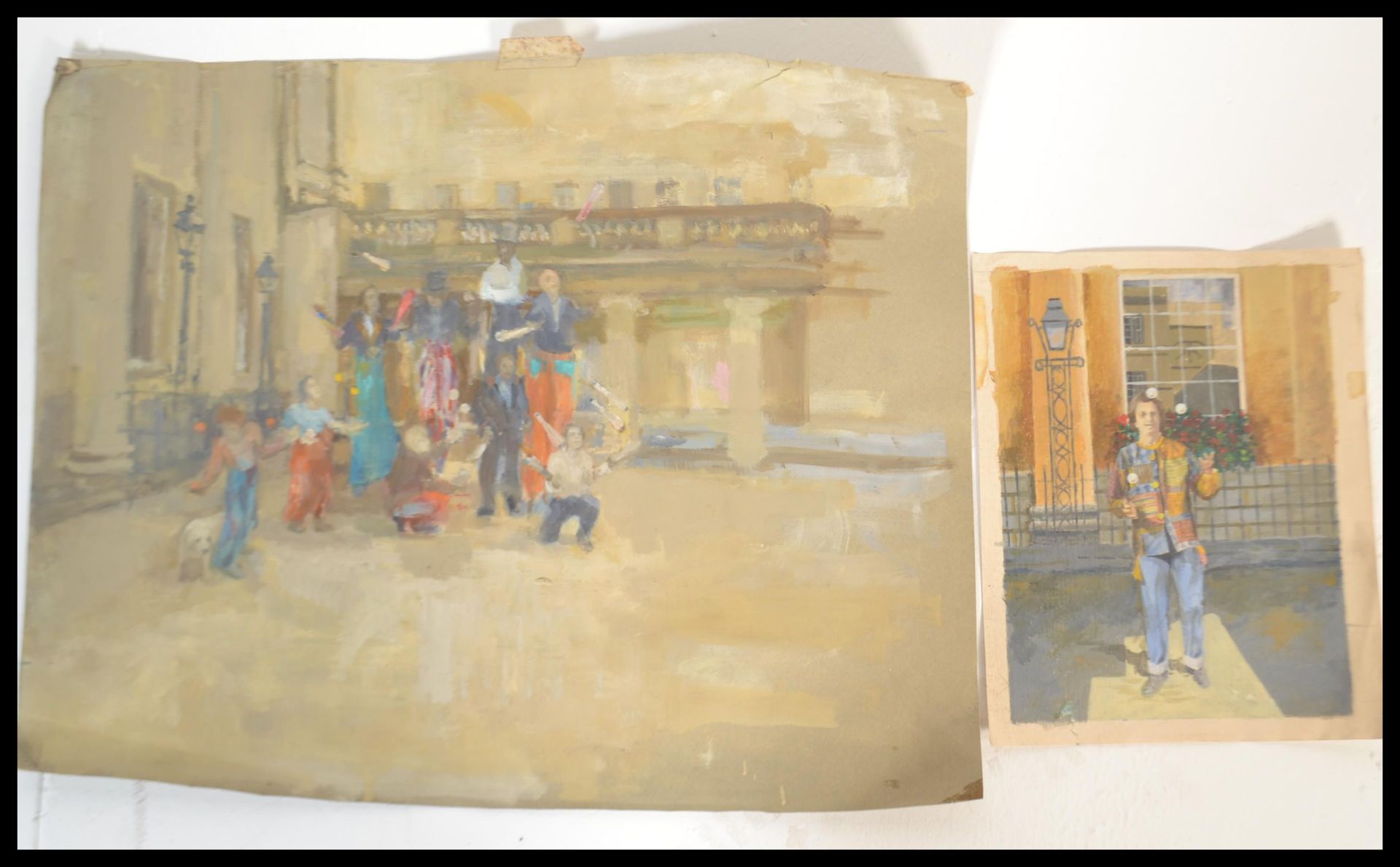 Covent Garden London - Two 20th Century paintings on paper depicting street acts in Covent Garden