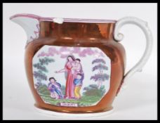 An early 19th century pearlware jug decorated in pink lustre and polychrome enamels, panel with a