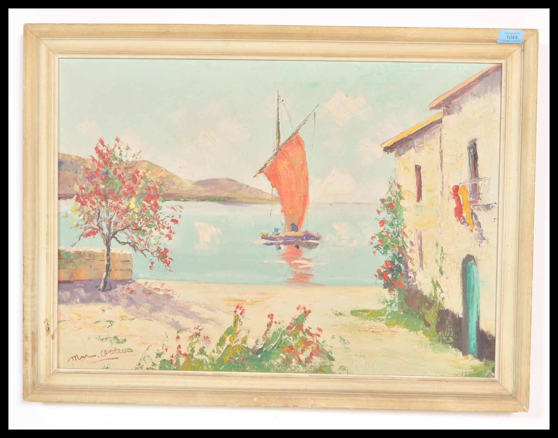 A 20th Century oil painting on canvas depicting a mediterranean scene of a boat sailing in front