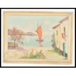 A 20th Century oil painting on canvas depicting a mediterranean scene of a boat sailing in front