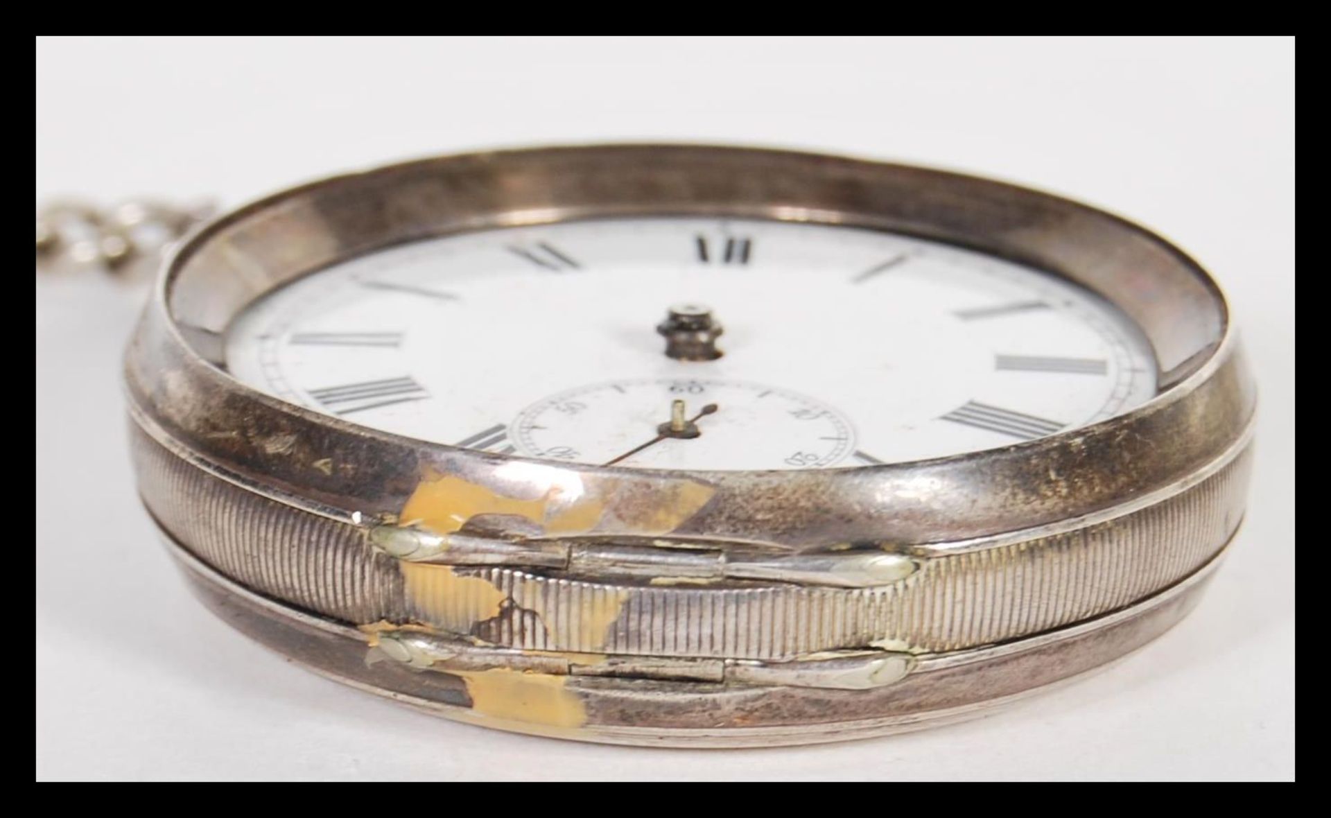 A 19th Century Victorian hallmarked silver pocket watch complete with silver albert chain and yellow - Bild 2 aus 6