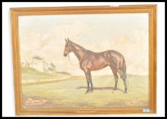A 20th Century oil on canvas painting of a racing horse painted in the paddock,the painting unsigned