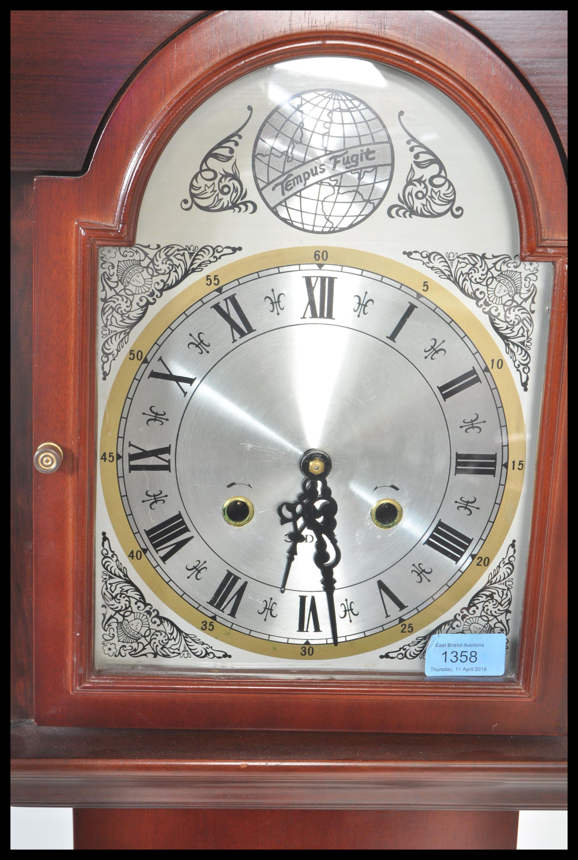 A contemporary 20th Century reproduction mahogany long case clock, stepped arch hood, gilt dial with - Image 3 of 5