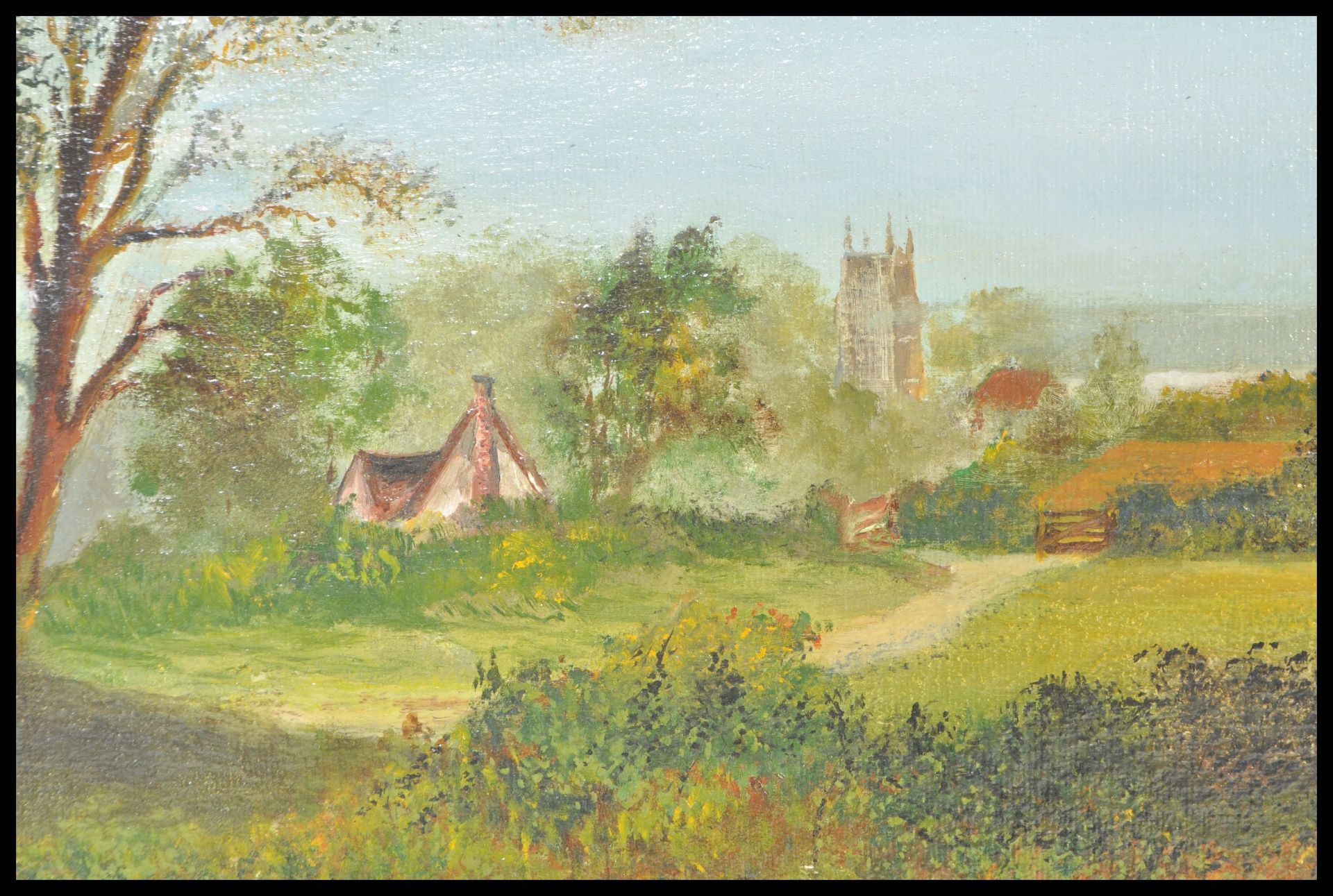 A 20th Century English School oil on board painting of a country landscape as seen from the river - Bild 4 aus 5