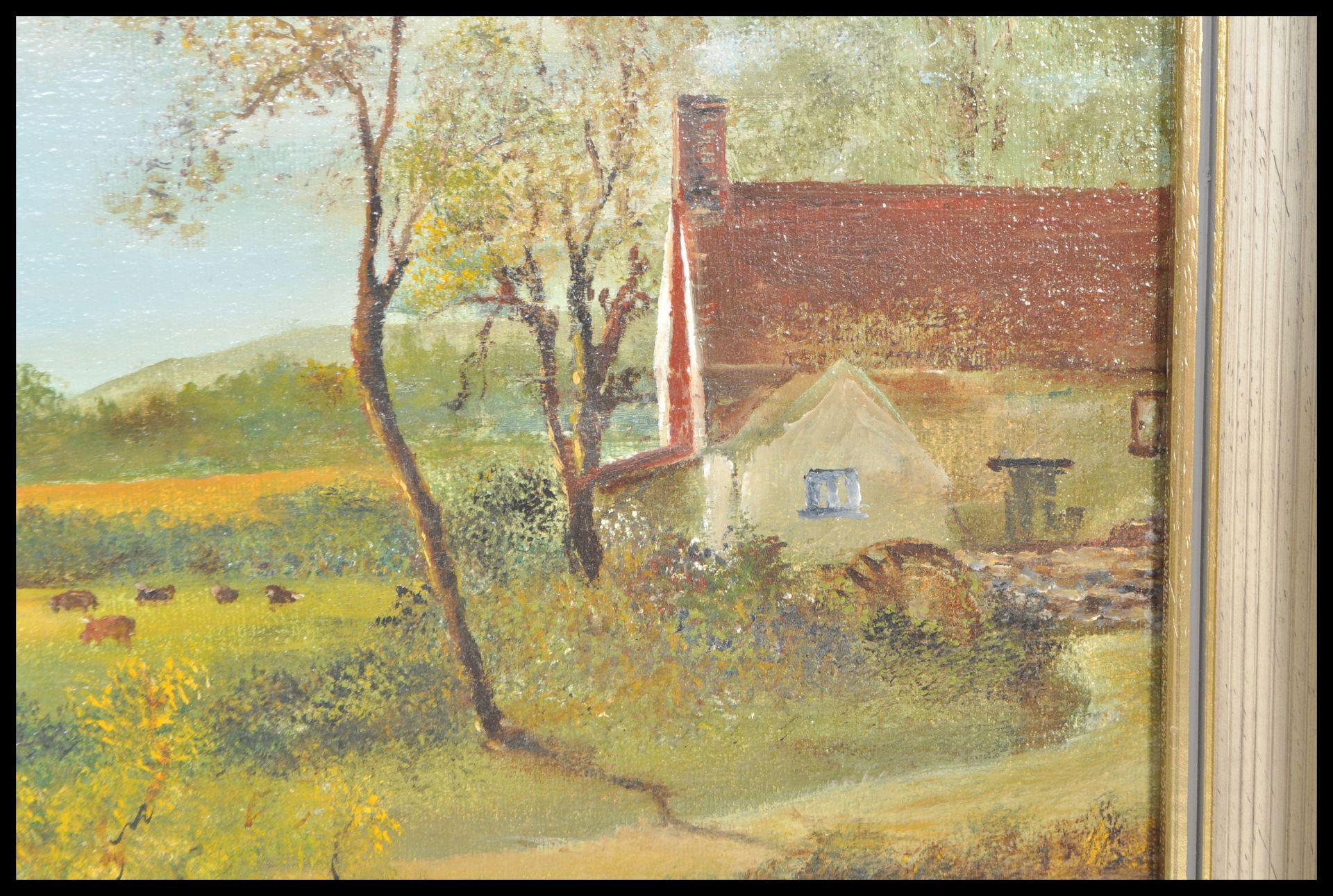 A 20th Century English School oil on board painting of a country landscape as seen from the river - Bild 5 aus 5
