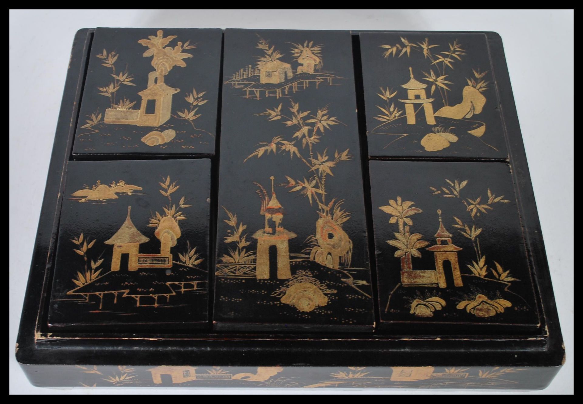 An early 20th Century Chinese black lacquer games box of cushion form having five sectional fitted - Bild 4 aus 5