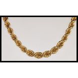 A hallmarked 9ct gold rope twist necklace chain of graduating form having bolt ring clasp.