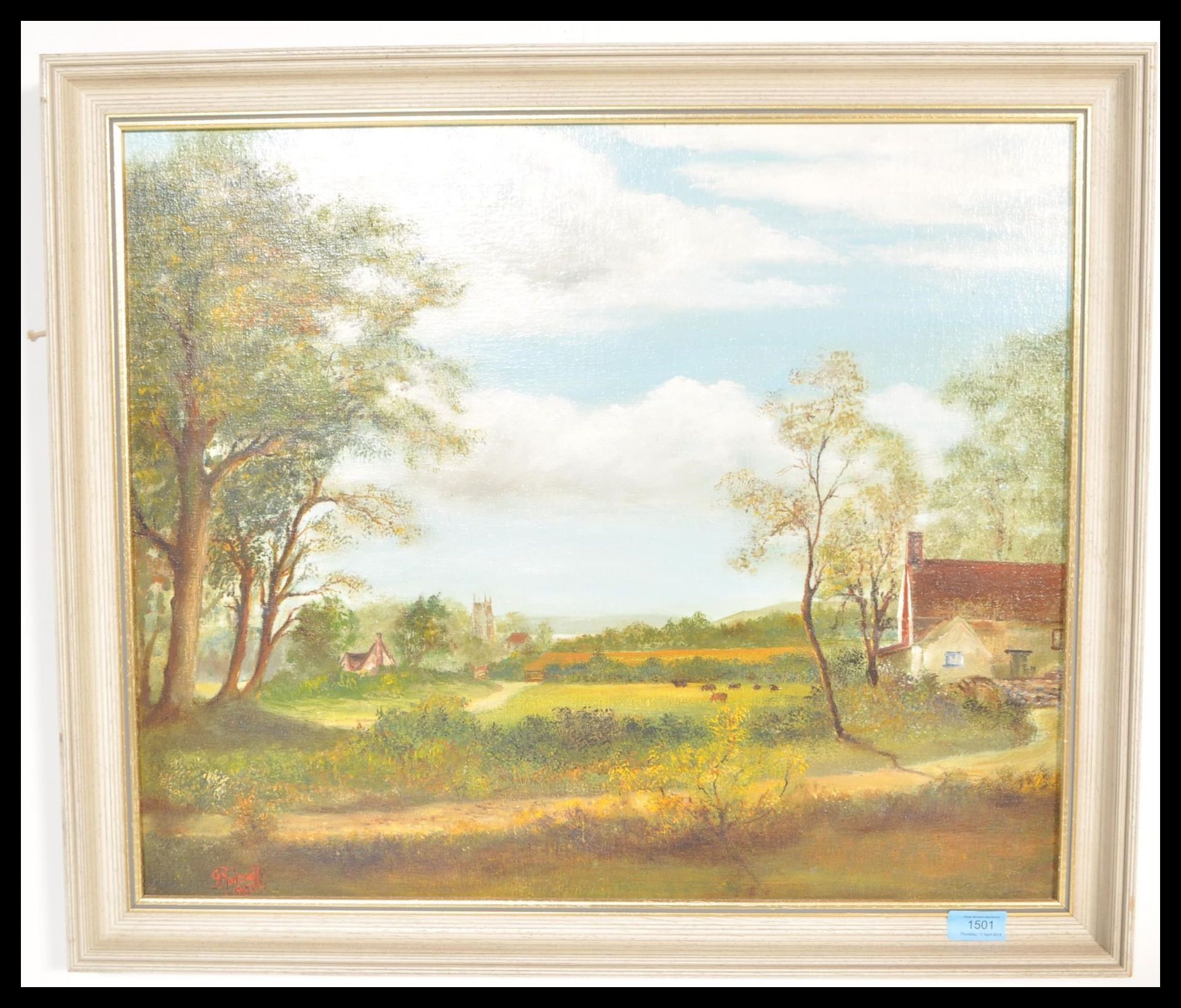 A 20th Century English School oil on board painting of a country landscape as seen from the river - Bild 2 aus 5