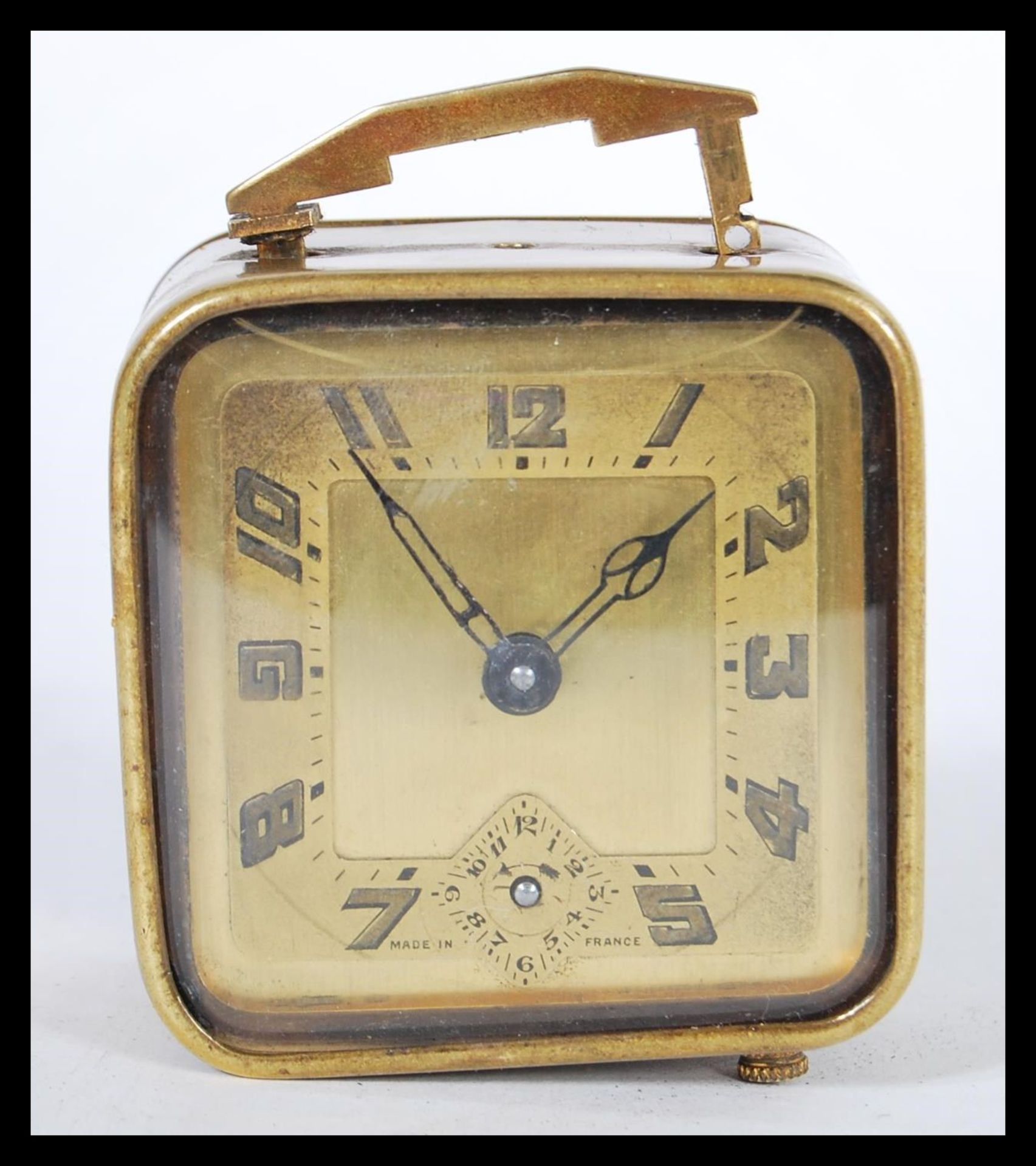 A vintage early 20th Century French Art Deco travel clock in fitted folding split door case. The - Image 3 of 6