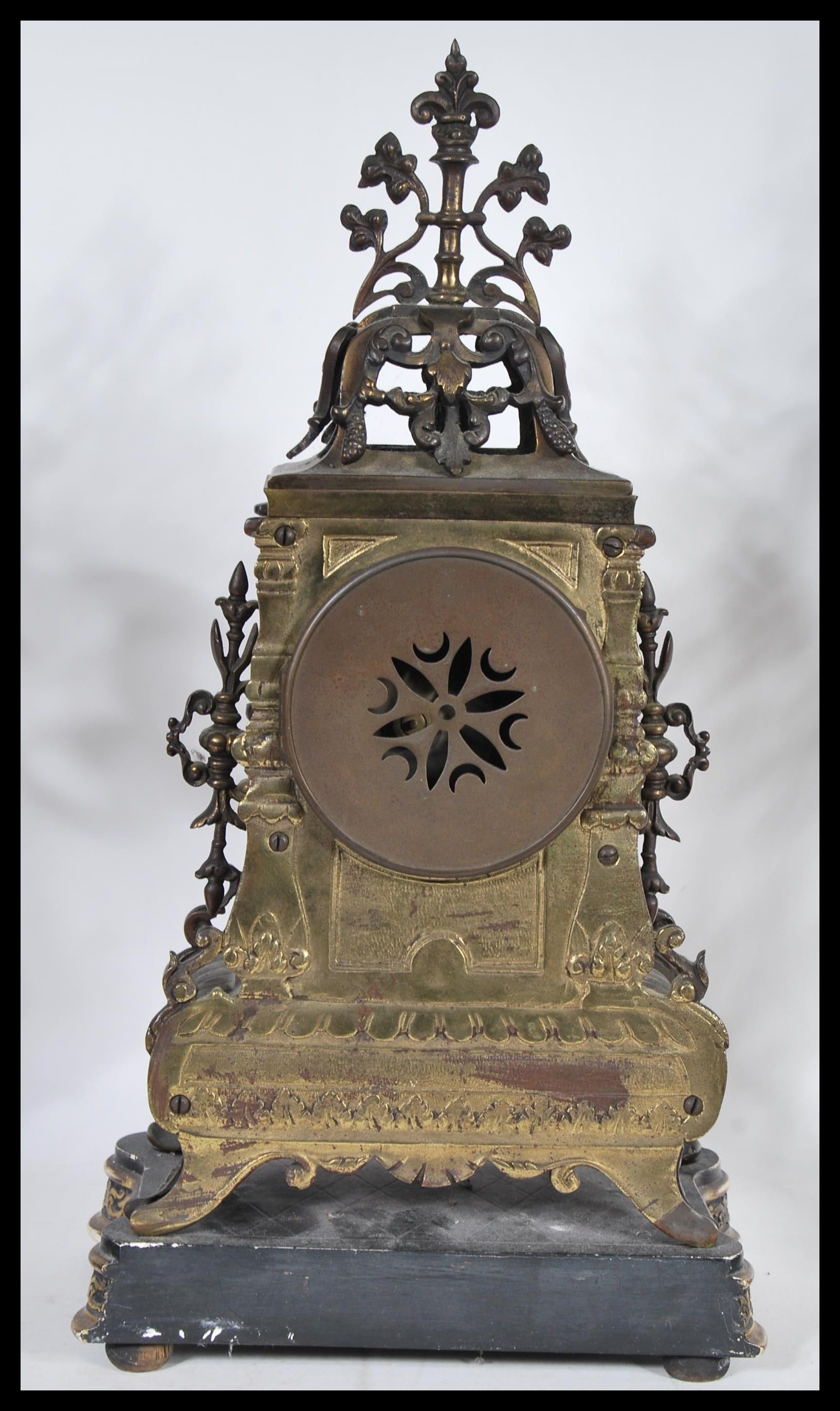 A 19th Century Victorian clock and garniture set consisting of a brass mantel clock having gilt - Image 4 of 5