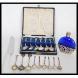 A group of hallmarked silver and other spoons to include a cased set of six hallmarked spoons by