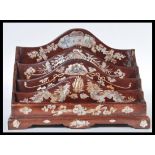 An early 20th Century Chinese hardwood desk stand letter rack tidy having mother of pearl inlay