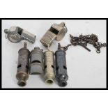 A selection of whistles dating from the 19th Century to include a Victorian railway whistle, a