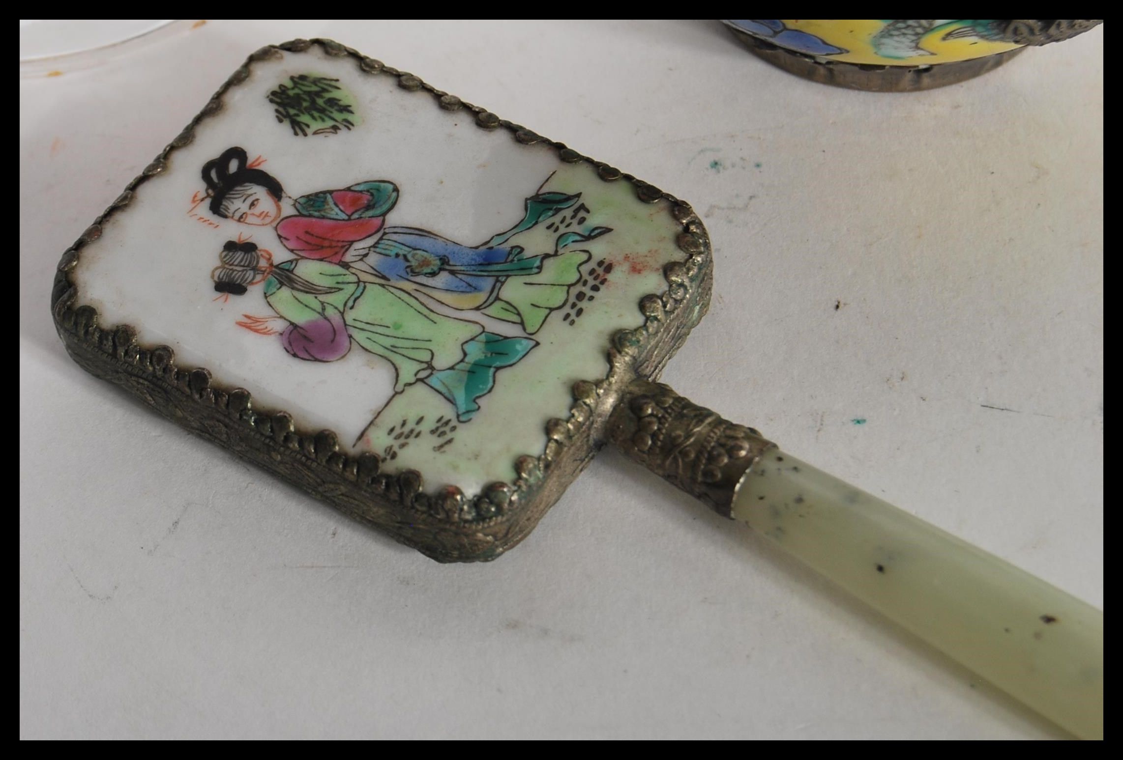 A group of 20th Century Chinese items to include a jade handled hand mirror with porcelain plaque - Image 2 of 6