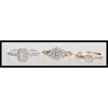 Three 9ct gold rings to include a white stone cluster ring having twist design shoulders (