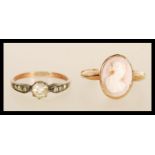 A hallmarked 9ct gold ring set with a pink and white stone oval cameo, hallmarked Birmingham 1967 (