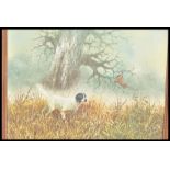 A large oil on canvas painting of hunting interest. The picture set in woodland with a black and