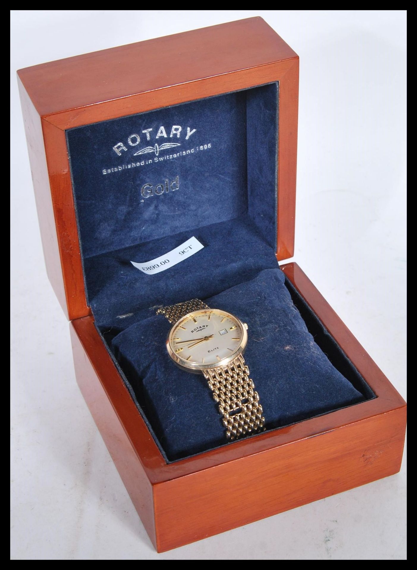 A boxed Rotary Elite 9ct gold gents watch set to a 9ct gold mesh watch bracelet strap. The white - Bild 5 aus 5