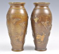 PAIR OF JAPANESE MEIJI BRONZE AND MIXED METAL VASES.