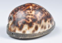 19TH CENTURY SILVER & AGATE MOUNTED COWRIE SHELL SNUFF BOX