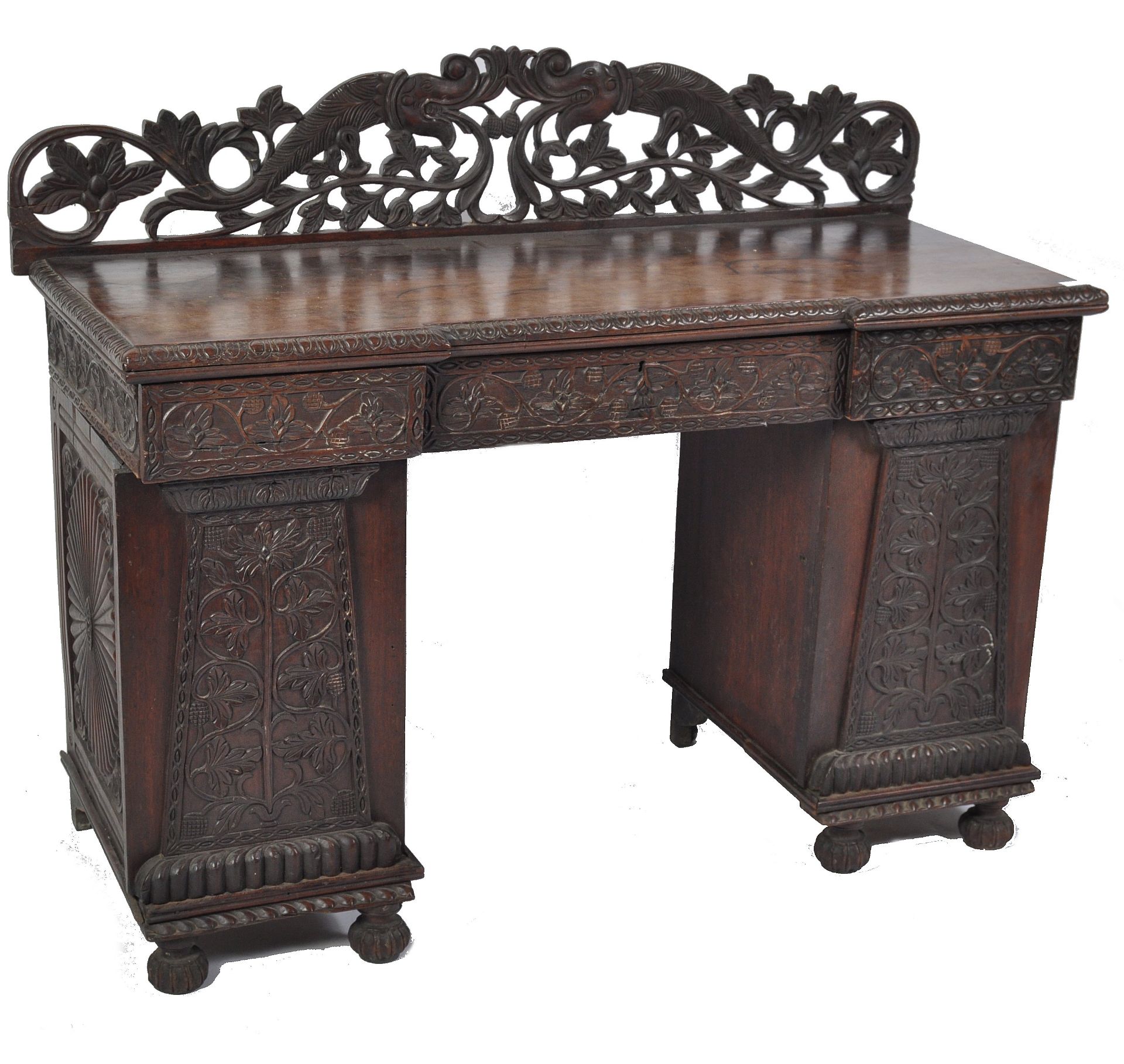 19TH CENTURY ANGLO COLONIAL BURMESE HARDWOOD TWIN PEDESTAL DESK